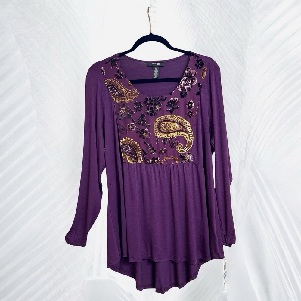 Style & Co Blouse Size OX Paisley Floral Velvet Front Panel Long Sleeve Top New - Picture 10 of 13